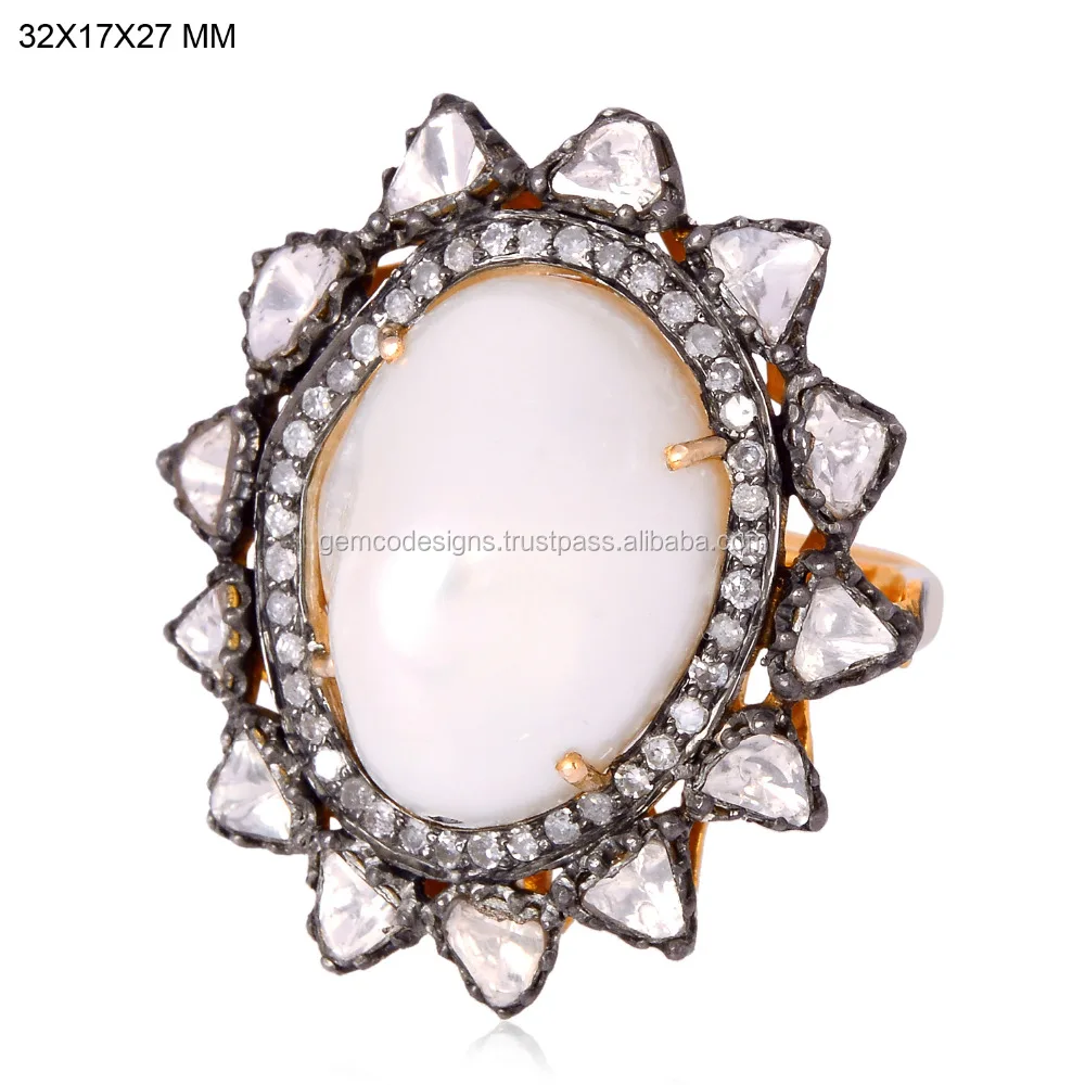 
Handmade Pearl Chinese Diamond Cocktail Ring 18kt Gold Silver Jewelry 