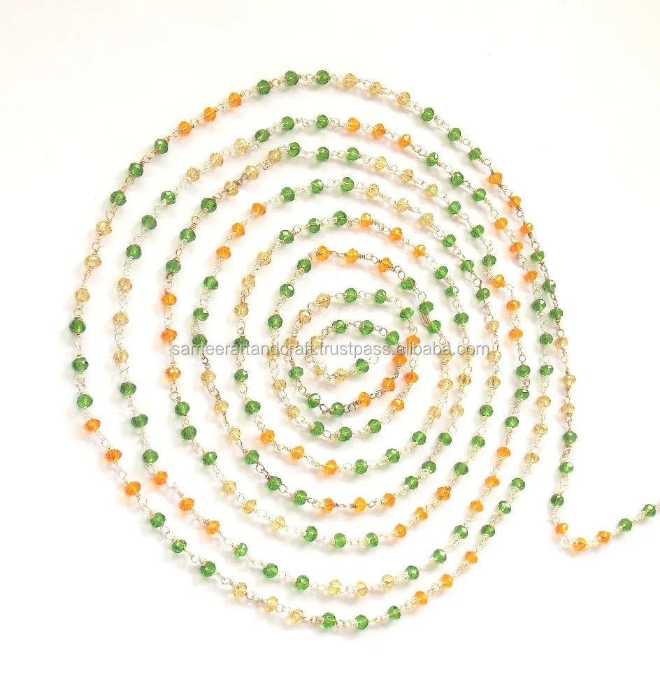 Beautiful Gold Plated 3 - 4 mm Beaded Rosary Natural Multi Gemstone Jewelry Wired wrapped Coin Charm chain