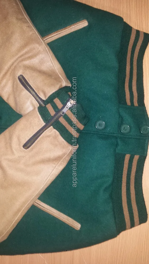2016 new design forest green Varsity Jackets with Wool Body and Leather Sleeves, & Embroidery