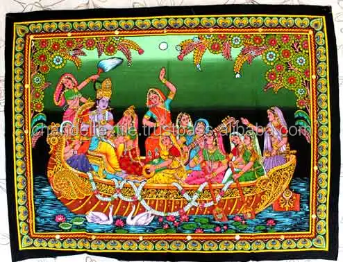 Indian Cotton God Goddess Krishna Radha Sequin Lord Tapestry Batik Wall Hangings Decor tapestries Hindu God Wall hangings poster