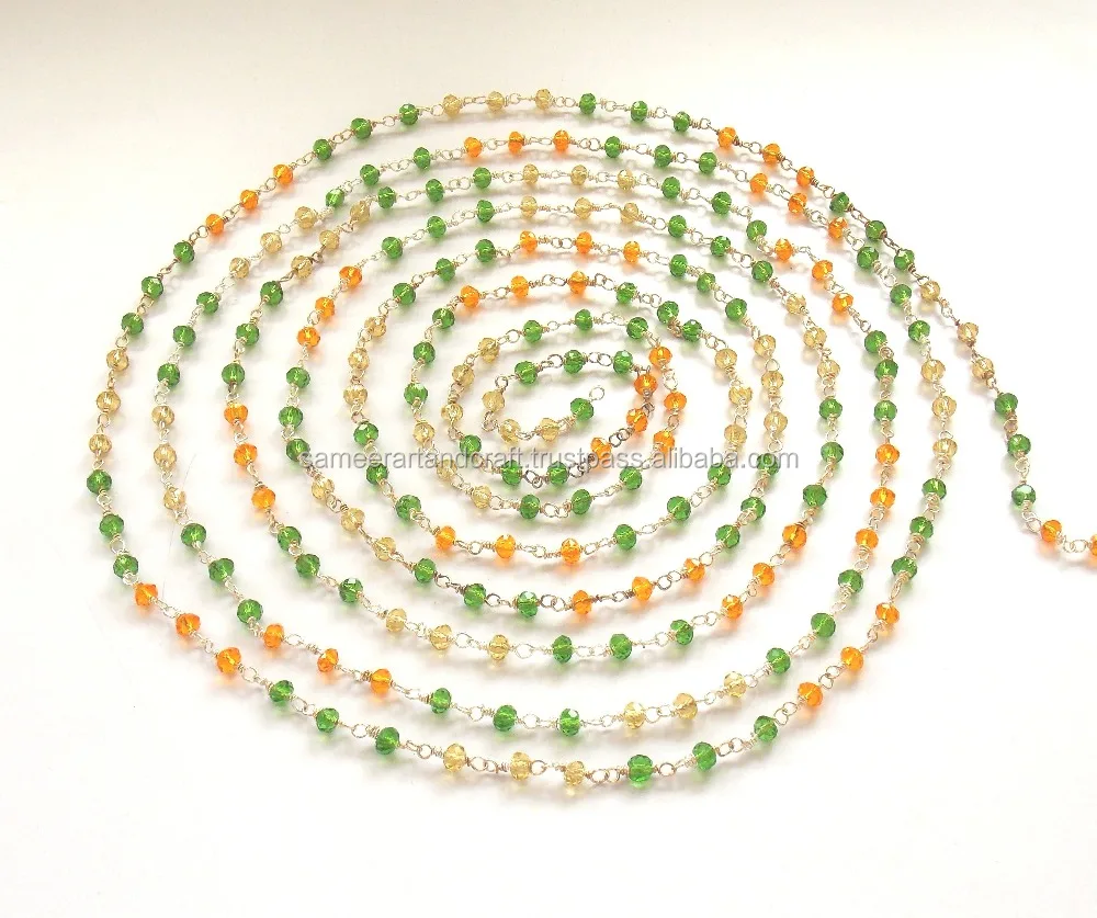 Beautiful Gold Plated 3 - 4 mm Beaded Rosary Natural Multi Gemstone Jewelry Wired wrapped Coin Charm chain