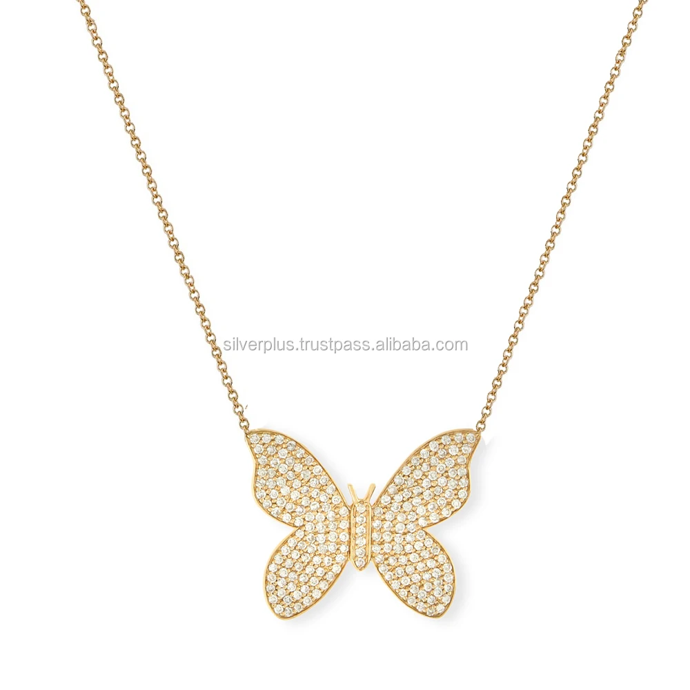 Trendy Design Solid 14K Rose Gold Natural SI Clarity G-H Color Pave Diamond Butterfly Pendant Necklace Manufacturer From India