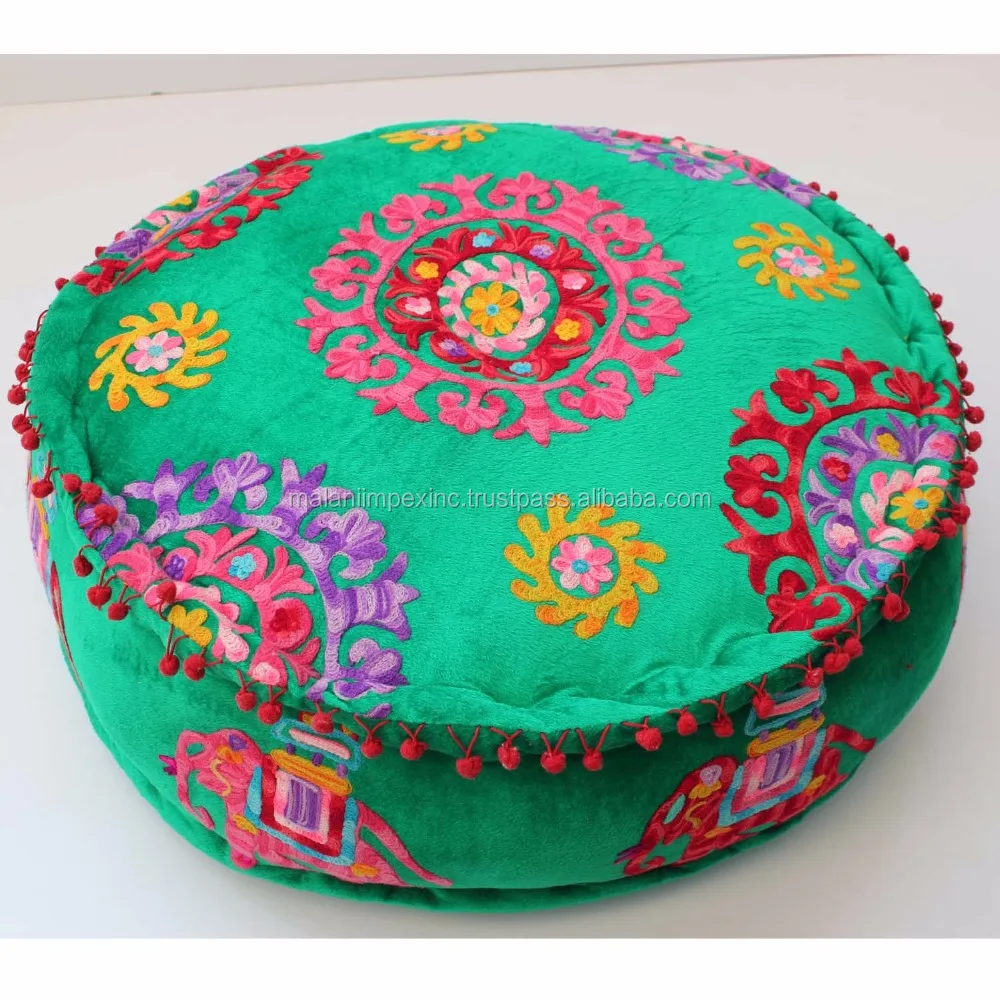 Fair Trade Home Interior Designer Indian Ottomans Poufs Footstools Cotton Embroidered Ottoman Poufs Foot Rest Ottoman