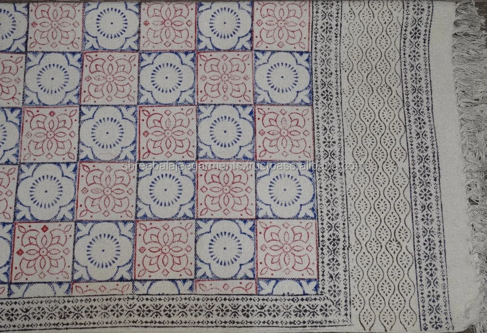 Handblock printed fabri Indian Handmade Carpet Throw Indian Rug Handmade Hand-dyed Indigo Rug, Small Mat, 2 x 3 ft, White/Indigo