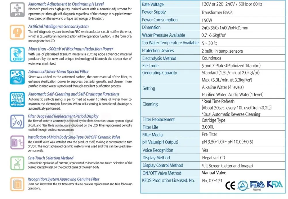 Alkaline Water Ionizer with Single Filter BTM305D / Made in Korea, CE Approval, 5 and 7 Plates, Advanced Technology