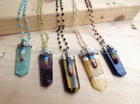 Healing Pendant, Dowsing Pendulum, Natural Gemstone Chakra Pendulum Pendant Necklace with Rosary Chains - Birthstone Jewelry