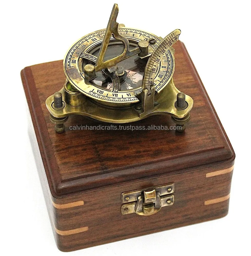 Antique sundial compass - brass sundial compass with box