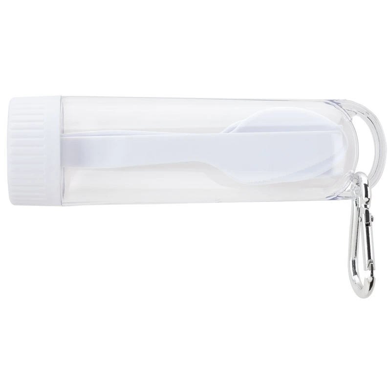 Portable Cutlery Set - includes fork, knife and spoon in transparent storage case with handy aluminum carabiner