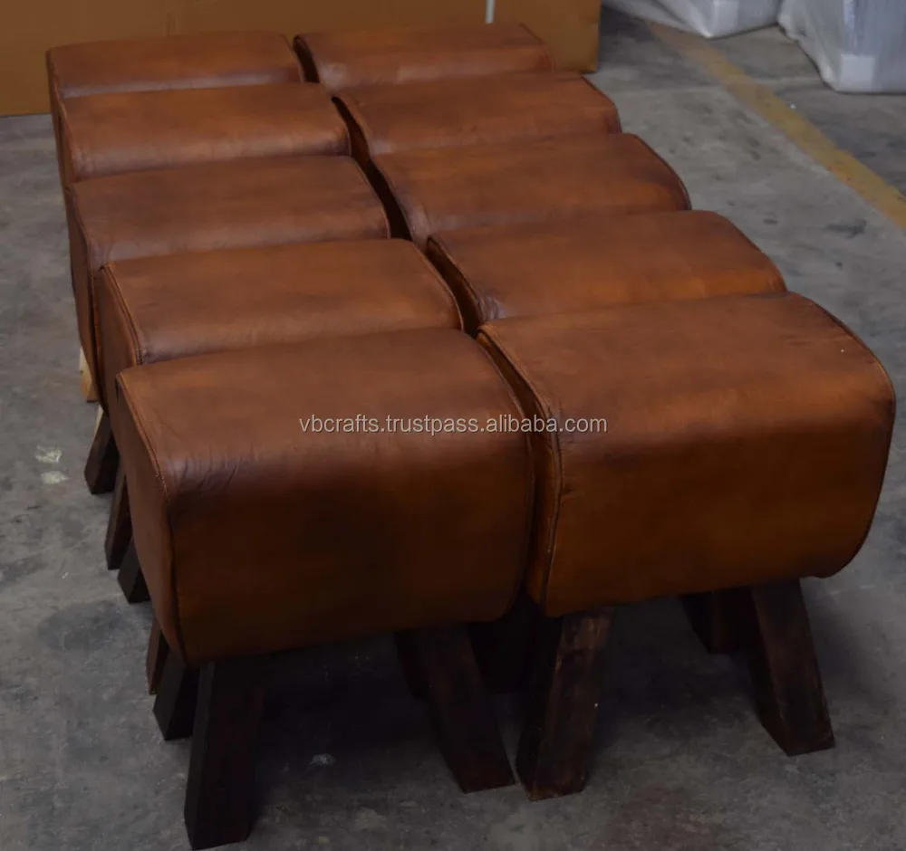 Vintage Industrial Genuine Goat Leather Canvas Fabric Shoe Seat Ottoman Stool bone inlay console ottoman