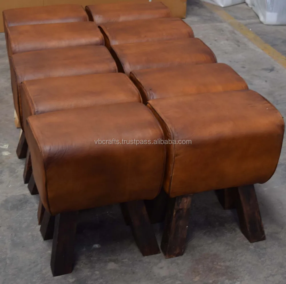 Vintage Industrial Genuine Goat Leather Canvas Fabric Shoe Seat Ottoman Stool bone inlay console ottoman