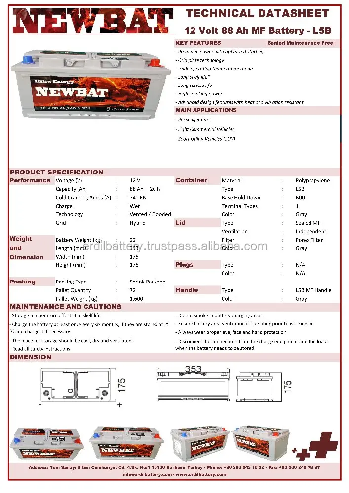 Newbat 88 Ah Maintenance Free batterydin type battery made in Turkey