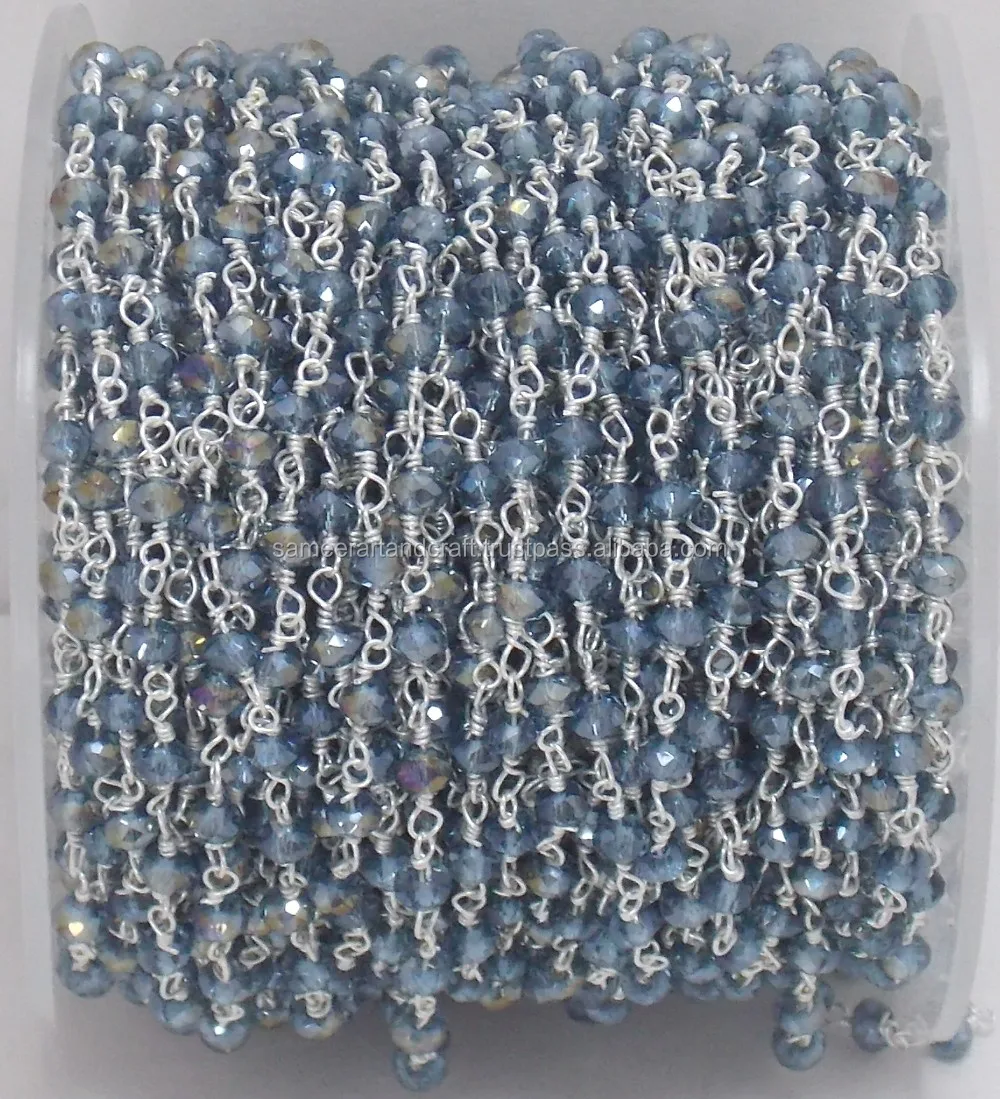 Tanzanite Quartz Rosary Beads Coin Charm Chain Silver Plated Wire Wrapped Natural Multi-Gemstone Jewelry Glass Findings 3mm