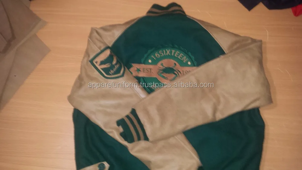 2016 new design forest green Varsity Jackets with Wool Body and Leather Sleeves, & Embroidery