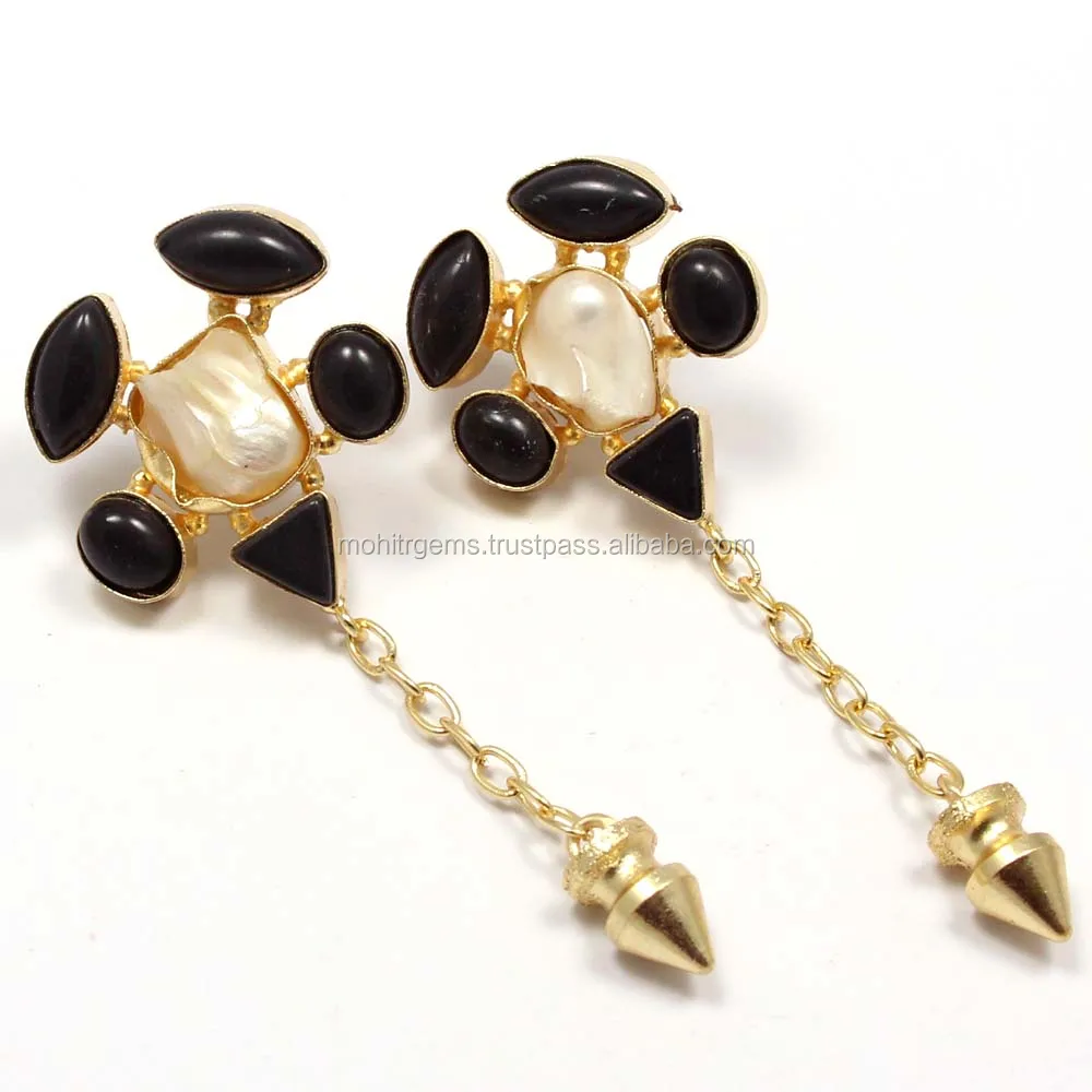 Blister Pearl With Small Black Onyx Stone Chain Bullet Vintage Jewelry Earring