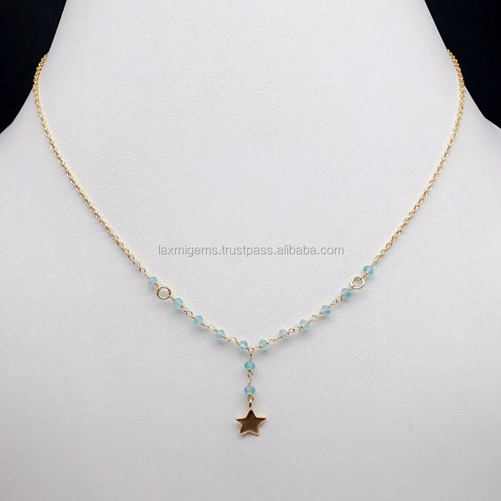 Beautiful Star and 925 sterling silver Rosary Chain Faceted Round Aquamarine Gemstone Beads Necklace