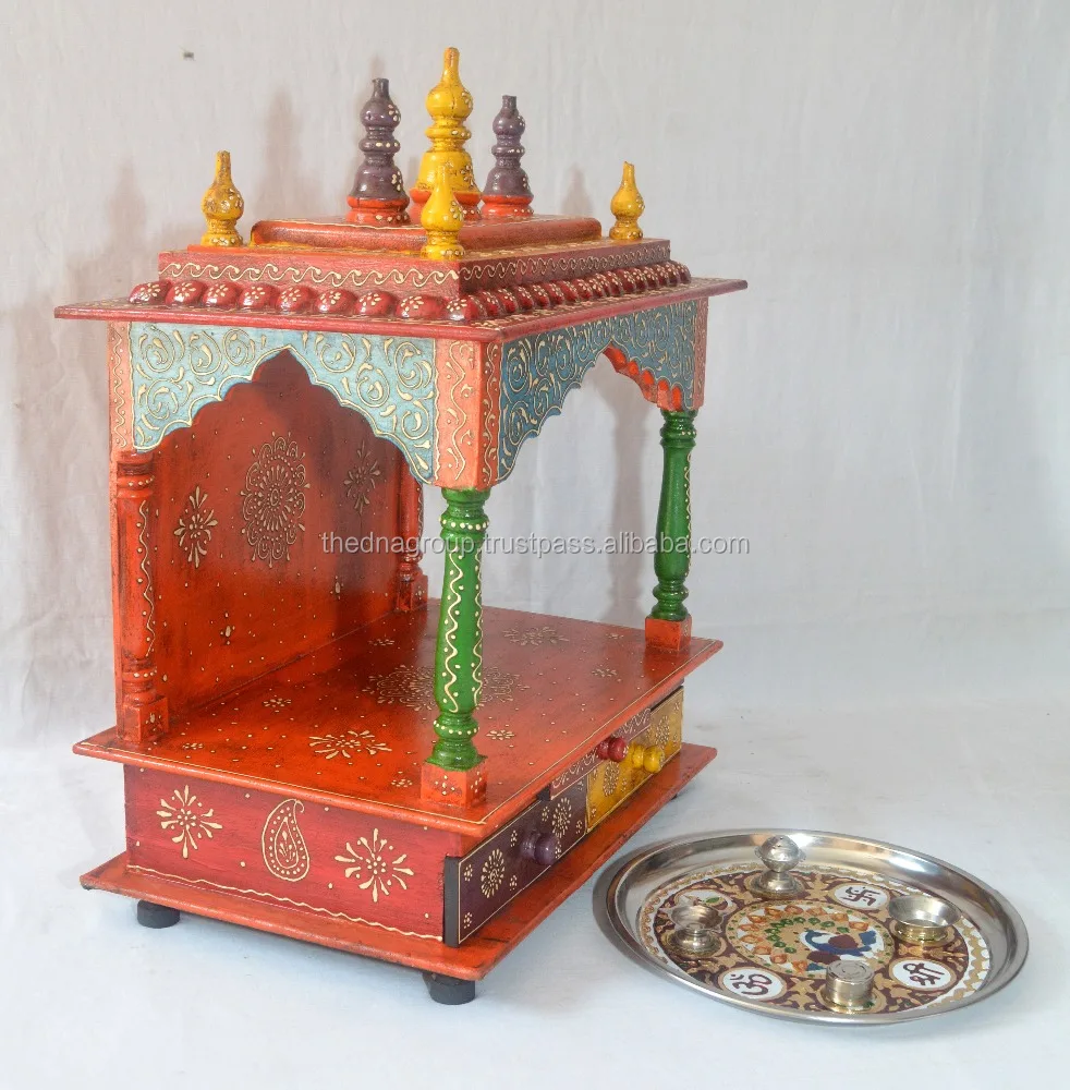 Beautiful Handpainted wooden temple pooja mandir With 2 Drawer High quality hand carved wooden temple for office