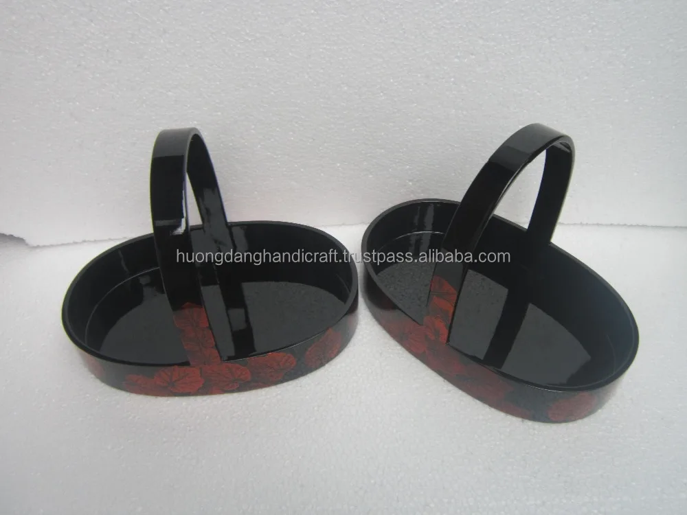 Real Leaf Printing Oval Lacquer Tray Vietnam with Handle for Storage