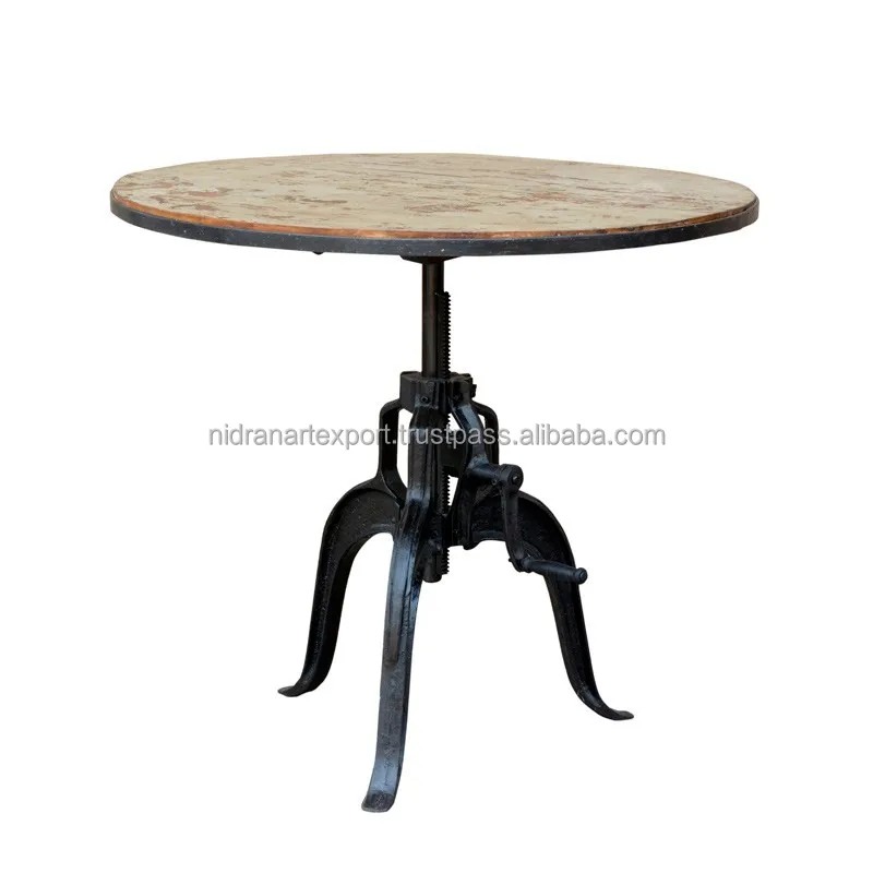 INDUSTRIAL CAST IRON/WOODEN ADJUSTABLE HEIGHT ROUND CRANK JACK DINING TABLE
