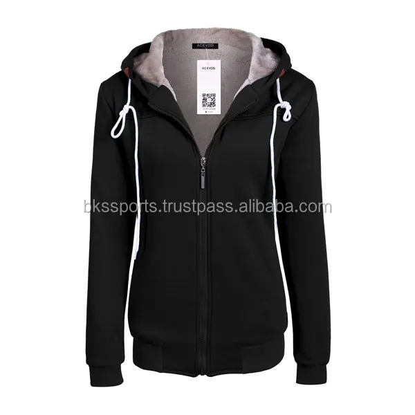 Women Fashion Casual Hooded Sweatshirt Winter Zipper Closure Pure Color Thick Fleece Leisure Sports Tops Hoodies Coat