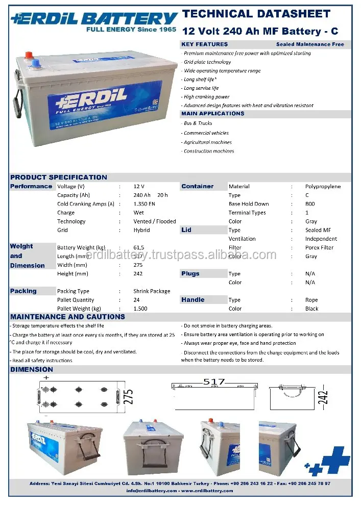 
12 V 240 Ah Heavy Duty MF Maintenance Free Truck Battery 