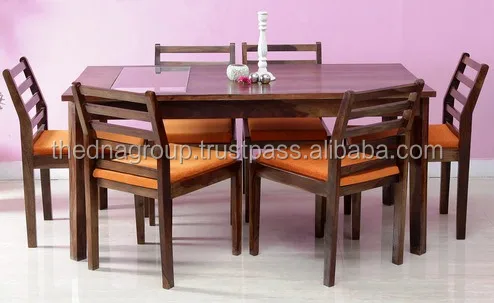 Indian six sitter wooden dining table set with cushion chair