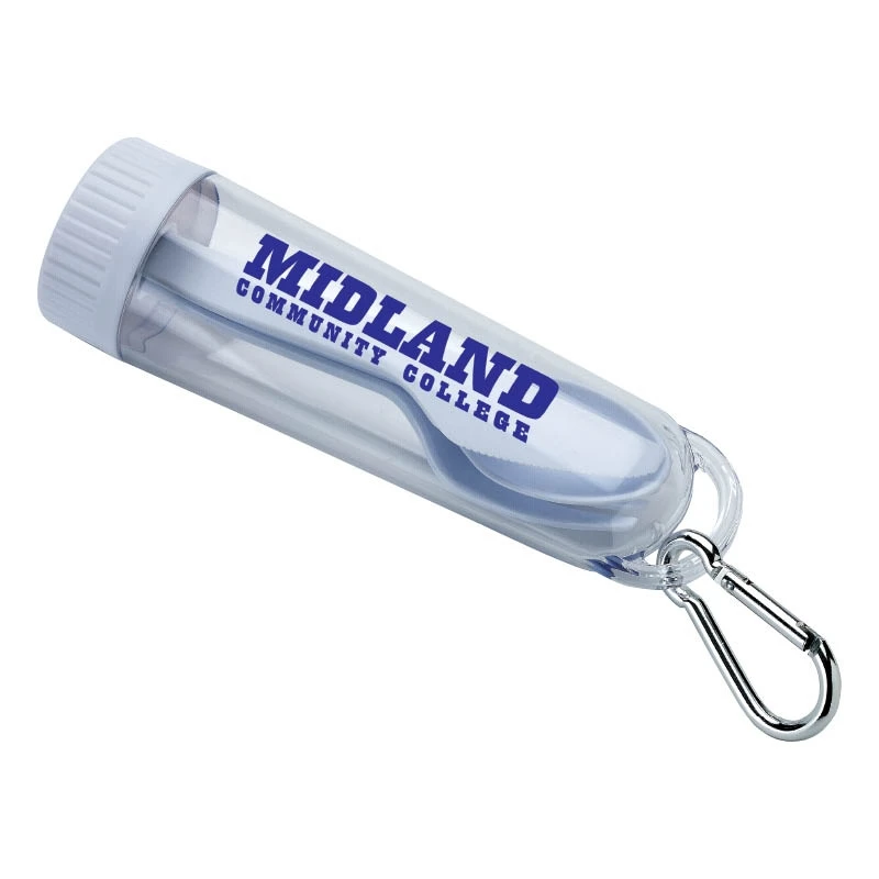 Portable Cutlery Set - includes fork, knife and spoon in transparent storage case with handy aluminum carabiner