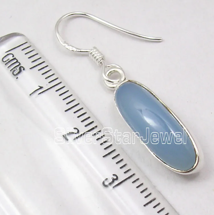 SilverStarJewel 925 Sterling Silver REAL CHALCEDONY Long STONE RETRO STYLE New Earrings 1.5 Inch