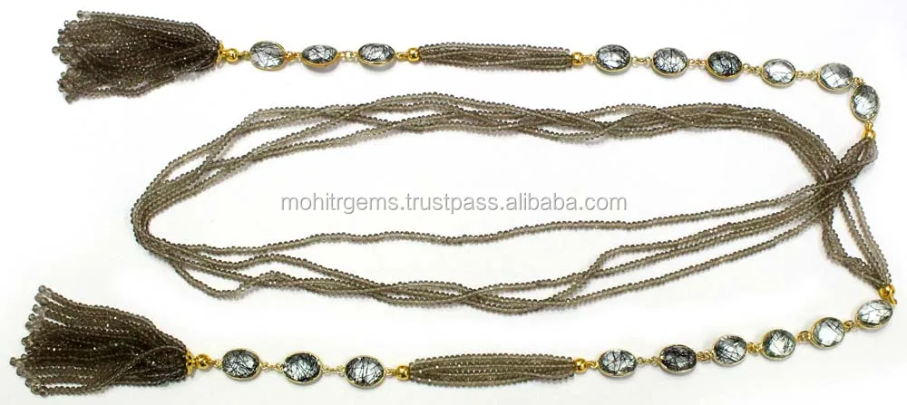 Long Open Stool Winter Necklace of Smoky Quartz Beads Along Bezel Colet Of Black Ru tile