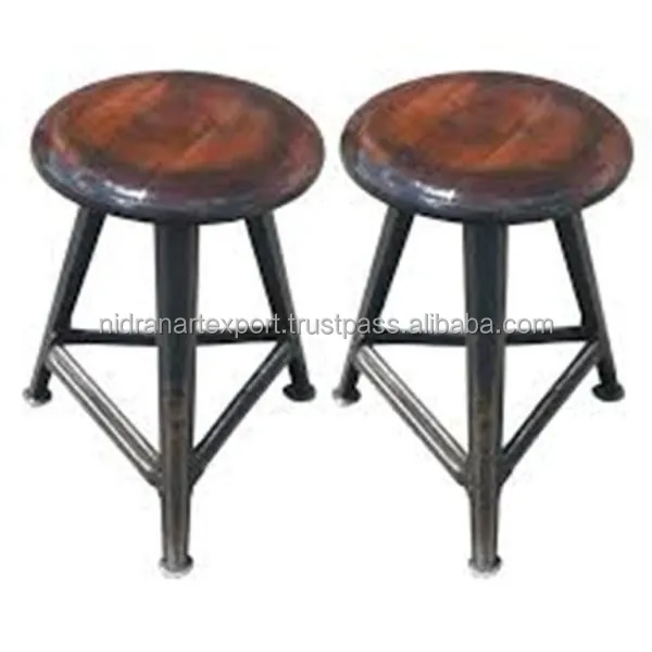 Industrial & Vintage 3-Leg Iron Stool with round Wooden Seat General Use Home Furnishing for Living Room Hall Antique Design