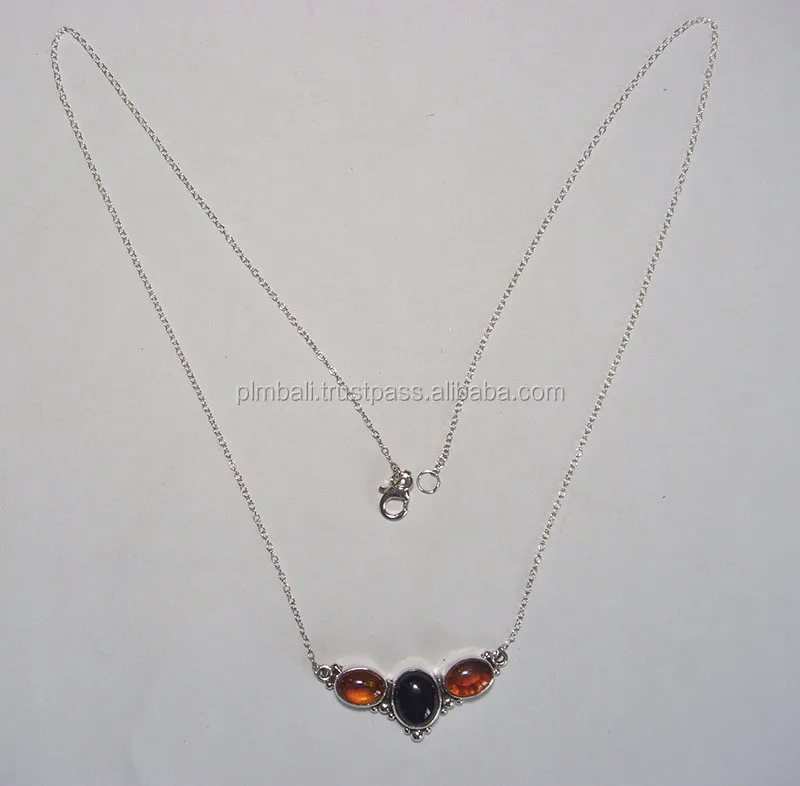 N193-Multi Stones Chain Necklace With Amber And Black Onyx