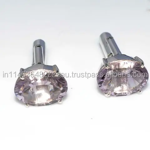Pink Quartz Hydro Gemstone 925 Sterling Silver Beautiful Handmade Cufflink