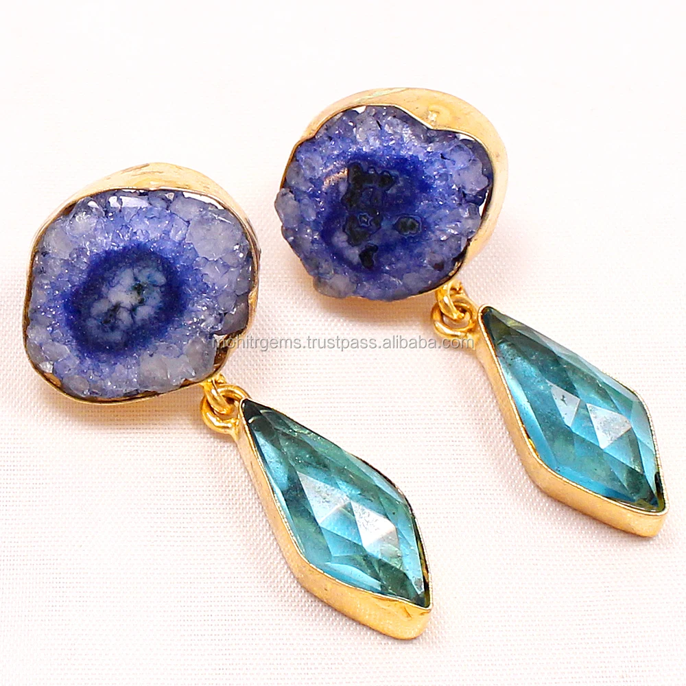 Unshape Blue Color Solar Quartz with Pencil Shape at Bottom Beautiful Vintage Statement Earring