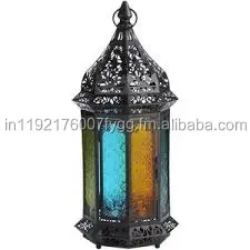 Metal Moroccan Lantern Pillar Candle Holder Lamp Luxury Hanging Copper Antique Blue Glass Lanterns for Home Decoration