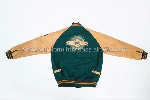 2016 new design forest green Varsity Jackets with Wool Body and Leather Sleeves, & Embroidery