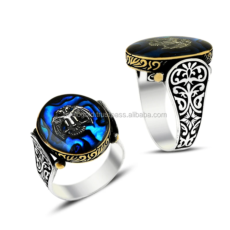 925K Sterling Silver Blue Ocean Art Double Head Eagle Men Ring