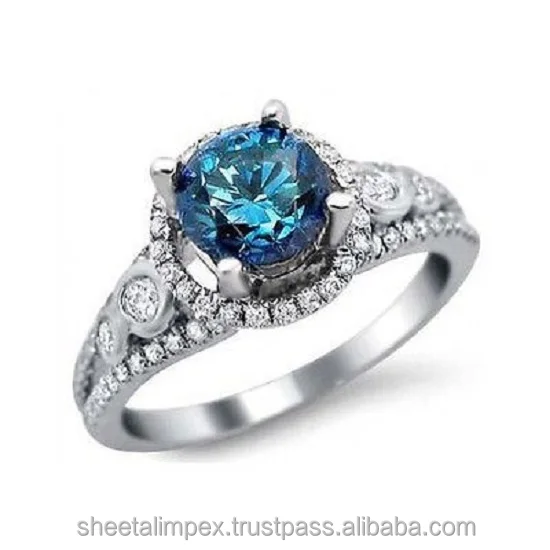 100% Original 1.68 Tcw Round Cut SI2 Clarity Real Blue Diamond 14Kt White Gold Gorgeous Beautiful Ring at Factory Price