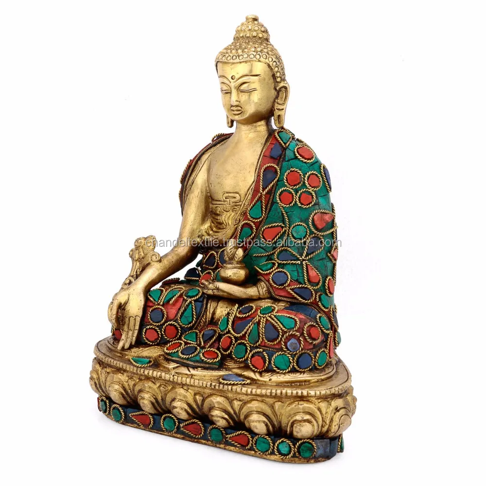 Buddha Lotus Medicine Statue Brass Turquoise Sculpture Tibet Sakyamuni Brass Sating Buddha Statue Medicine Blessing Buddhism Art