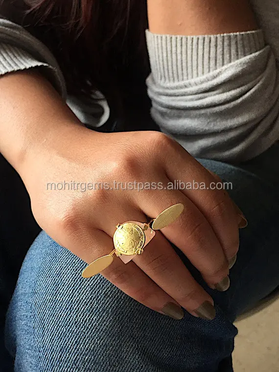 22 Ct Gold Plated White Moon-Stone Coin Vintage Cocktail Adjustable Vintage  Rings