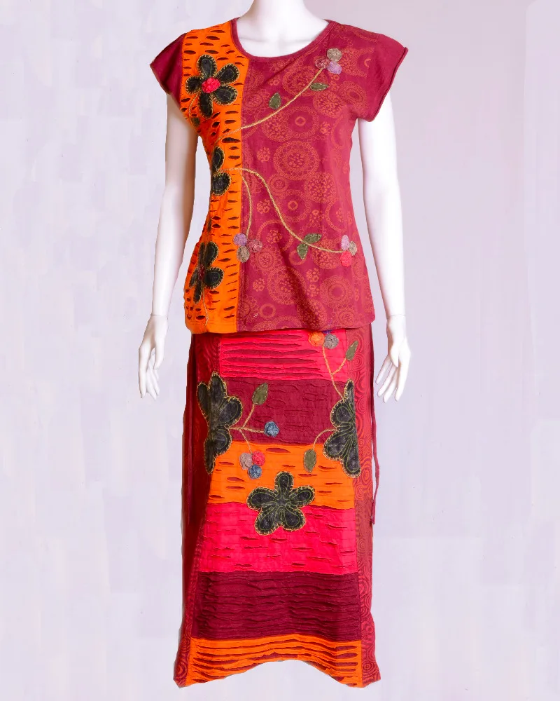 Orange & Red Razor Cut Patched Prints Maxi Dress HHCS 125 B