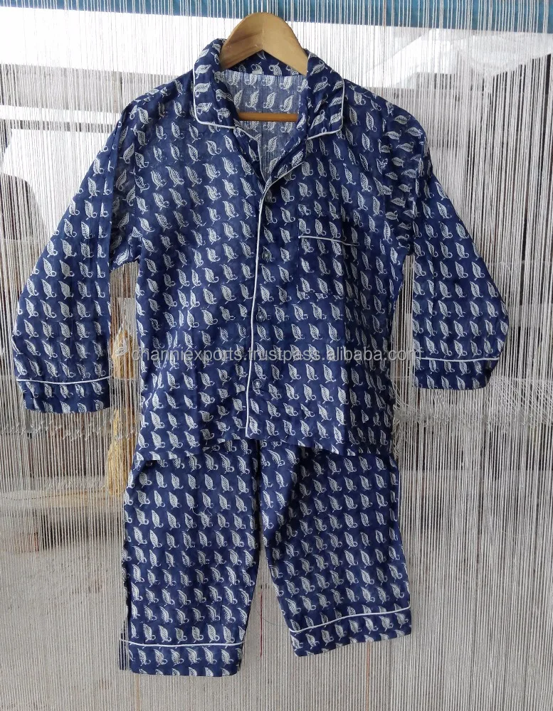 Wholesale Hand Block Printed Cotton Fabric Kids Pajama Set For Summer Casual & Night Sleepwear Pjs Kids Apparel Shirt & Bottom