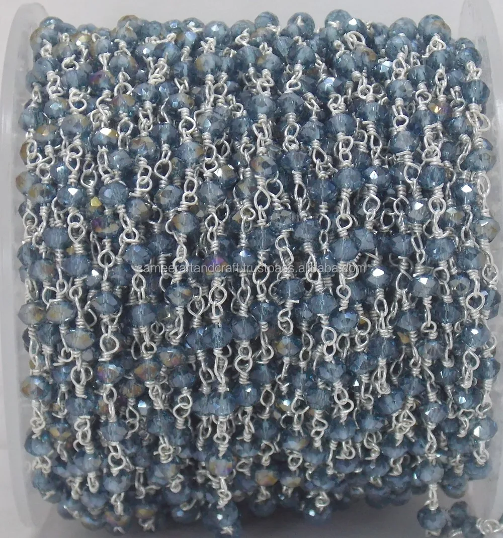 Tanzanite Quartz Rosary Beads Coin Charm Chain Silver Plated Wire Wrapped Natural Multi-Gemstone Jewelry Glass Findings 3mm