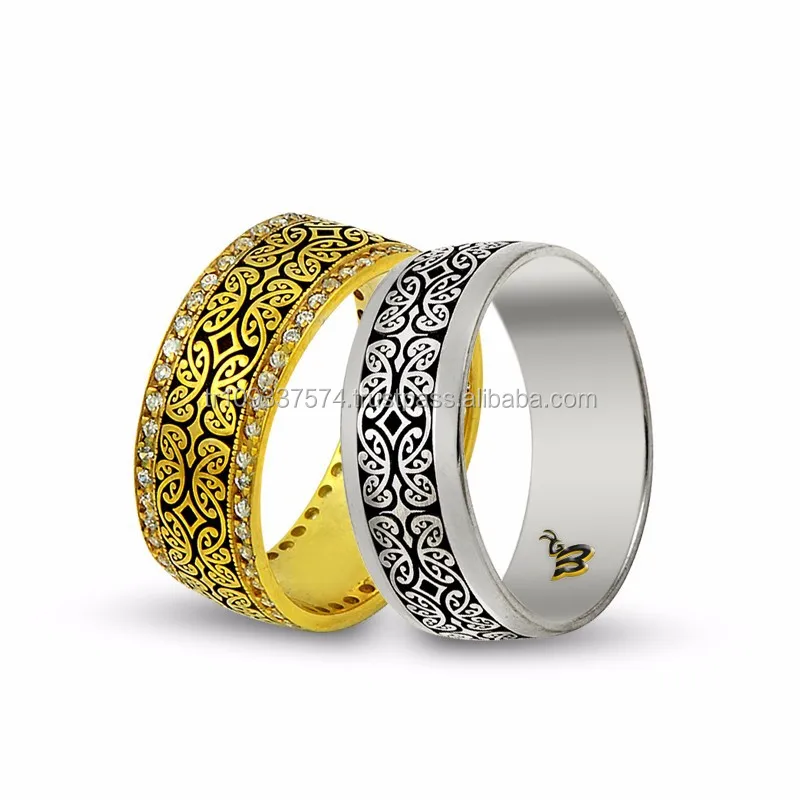 14K ТВЕРДОЕ ЗОЛОТО художественный дизайн его ее обручальное кольцо с индивидуальной гравировкой