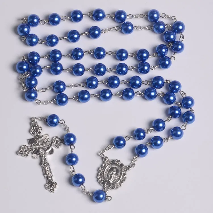 Handmade 8mm Green Blue Pink Color Imitation Pearl  Rosary for Catholic Prayer