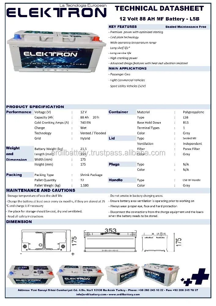 
88 Ah LB5 size Maintenance Free MF Battery from Turkish car battery manufacturer 