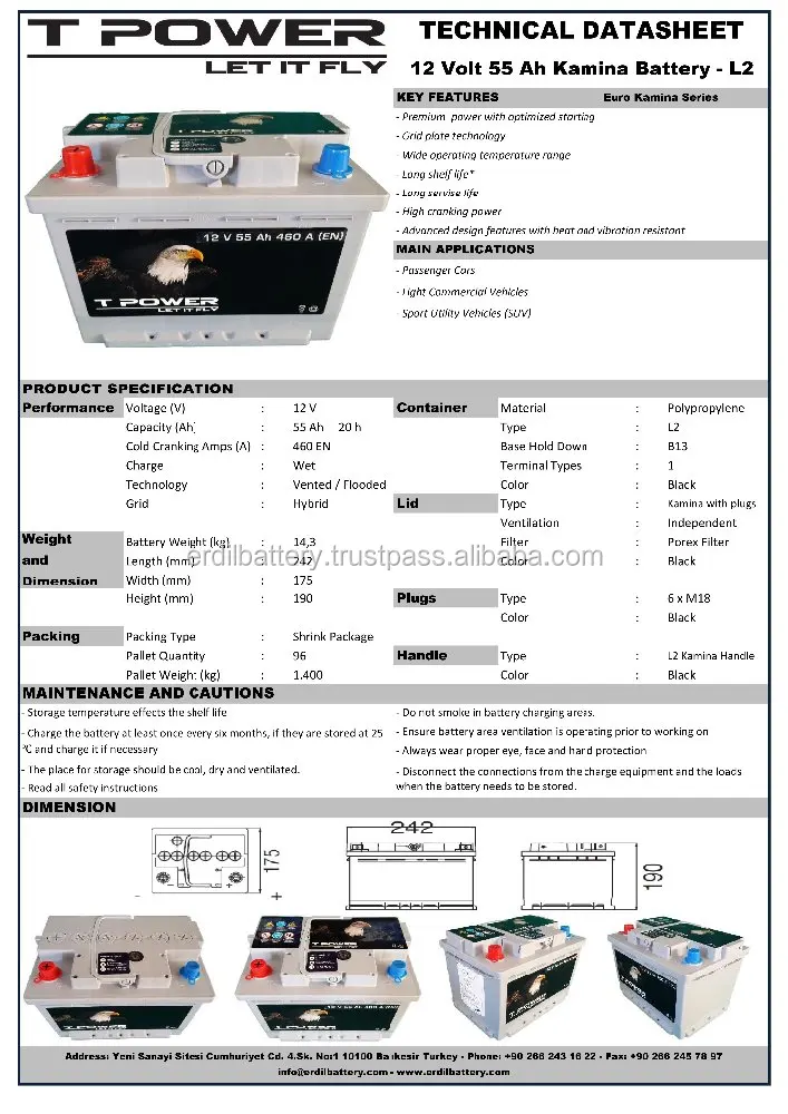 
55 Ah cheap tpower car battery 