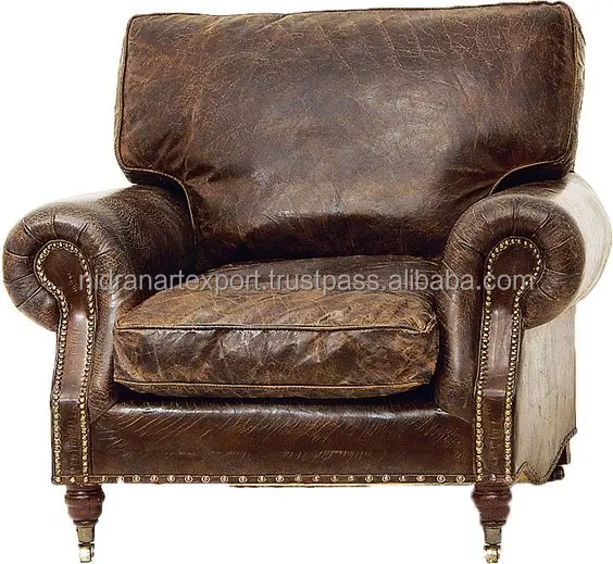 Vintage & industrial solid wood & genuine leather living room single seater sofa