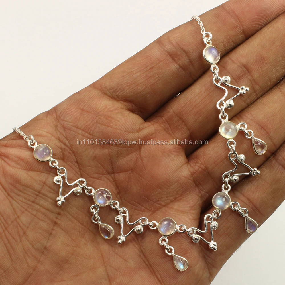 925 Sterling Silver Natural RAINBOW MOONSTONE Gemstones Indian Fashion Necklace
