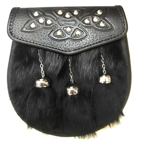 
Black Rabbit Fur Leather Scottish Kilt Sporran & 3 Rabbit Fur Tassels 