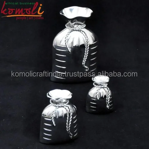 
Unique wedding return gift favor idea silver plated vase brass gunny bag shape 