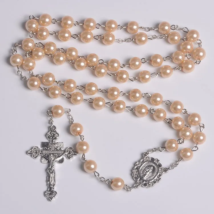Handmade 8mm Green Blue Pink Color Imitation Pearl  Rosary for Catholic Prayer